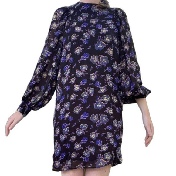Ganni Floral Georgette Long Sleeve Shift Mini Dress Multicolor‎ Size 36 - Picture 8 of 11